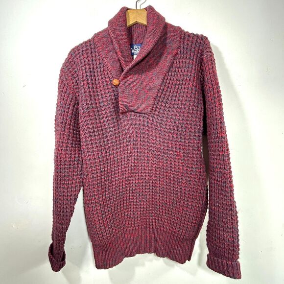 Woolrich Vtg Wool Pullover Sweater Fisherman Shawl Collar Red Button Size M - Picture 1 of 8
